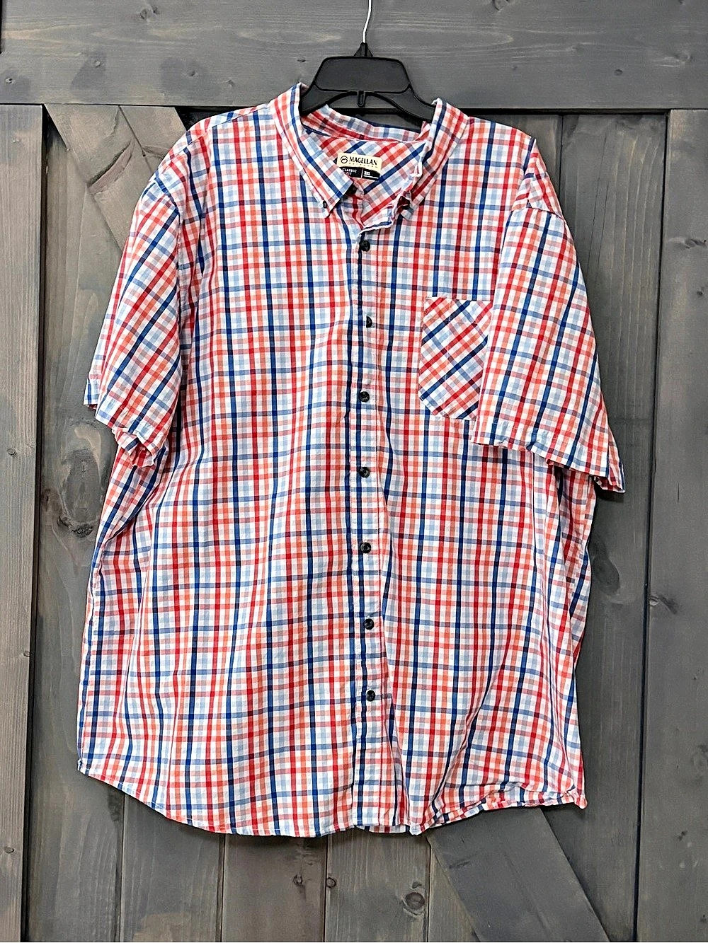 Magellan Outdoors Classic Fit Plaid Short Sleeve Shirt in Red & Blue 3XL